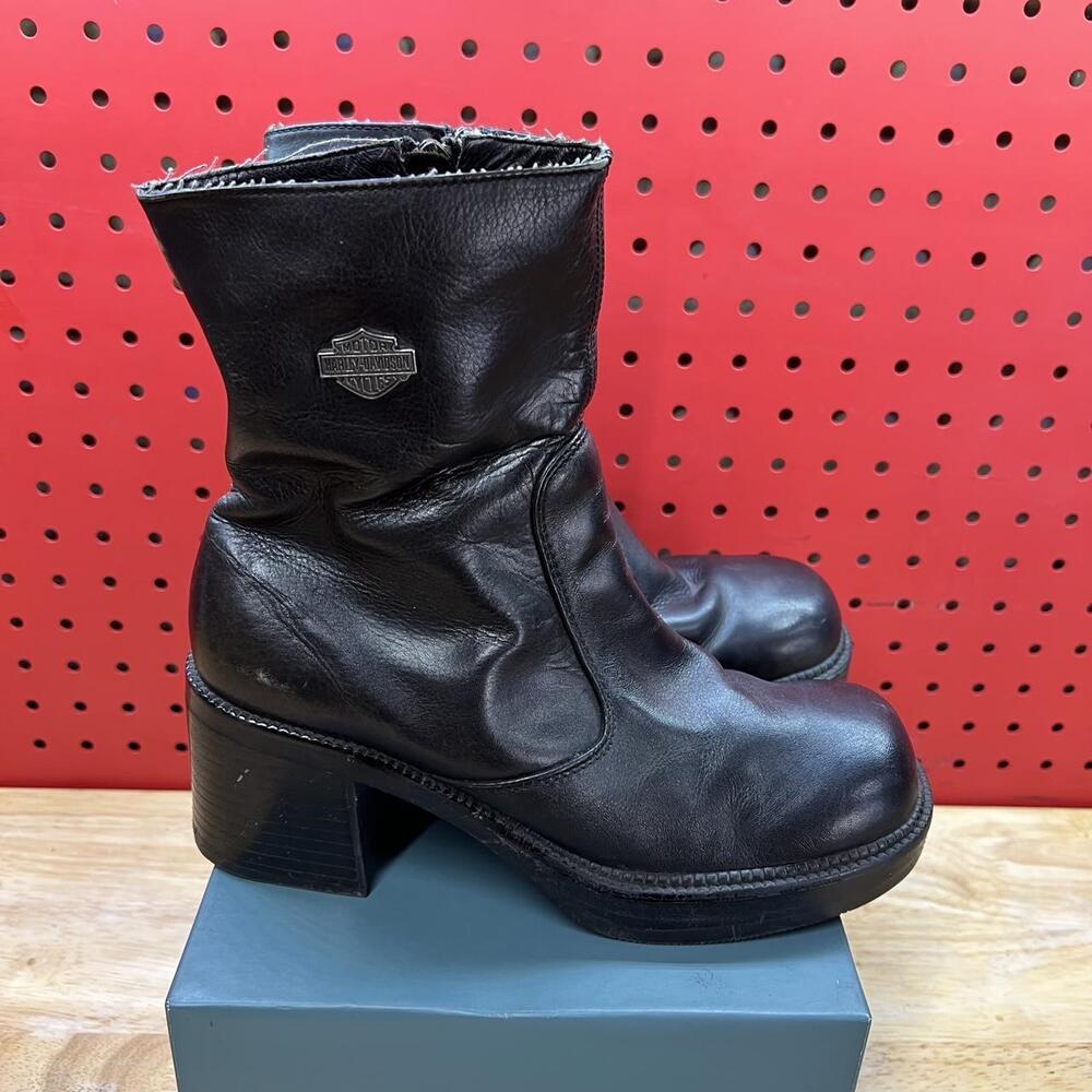 HARLEY-DAVIDSON LEATHER BOOTS - BLACK - SIDE ZIP - CHUNKY HEEL